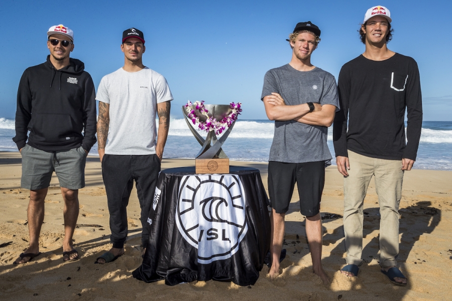 John John Florence (HAW) , Gabriel Medina (BRA) , Jordy Smith (ZAF) and Julian Wilson (AUS)  all contenders for the WSL World Tittle 2017 before the start of the  Billabong Pipe Masters at Pipeline, Oahu, Hawaii, USA. PHOTO: © WSL / Poulleno