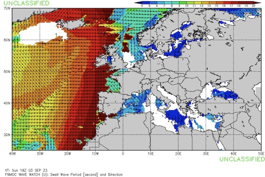 Mapa de previsão Período da Ondulação dia 3 de Setembro ao final da tarde