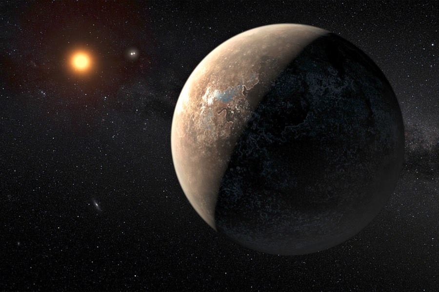 Imagem que mostra o planeta Proxima b em órbita da estrela Proxima Centauri, a mais próxima do Sistema Solar.