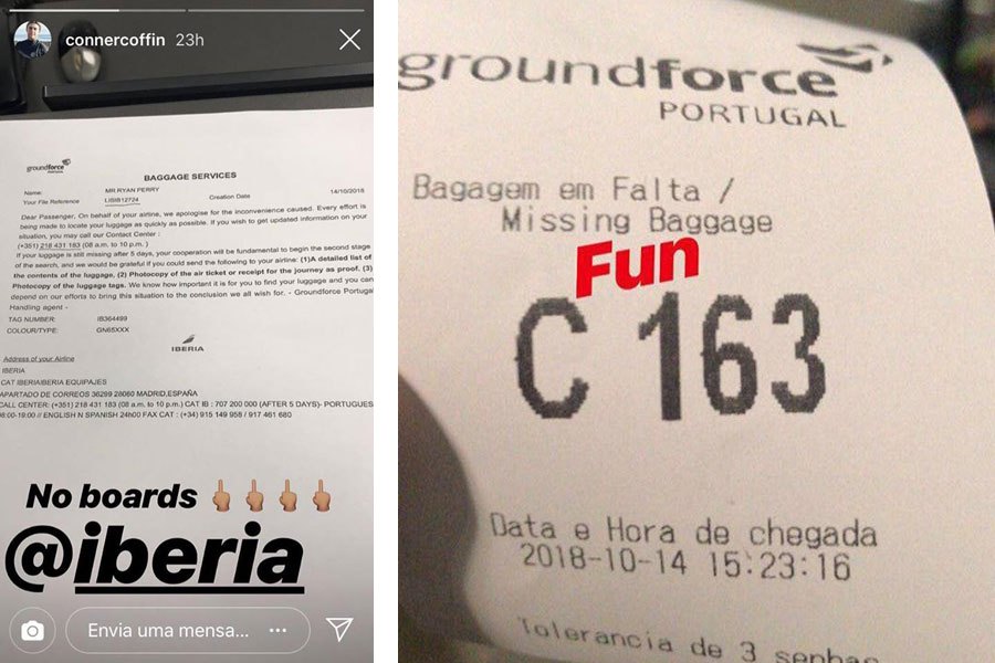 Conner Coffin e Griffin Colapinto sem parte da sua bagagem à chegada a Lisboa.