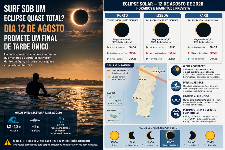 Surf sob um eclipse quase total? Há ondas previstas para 12 de agosto em Portugal