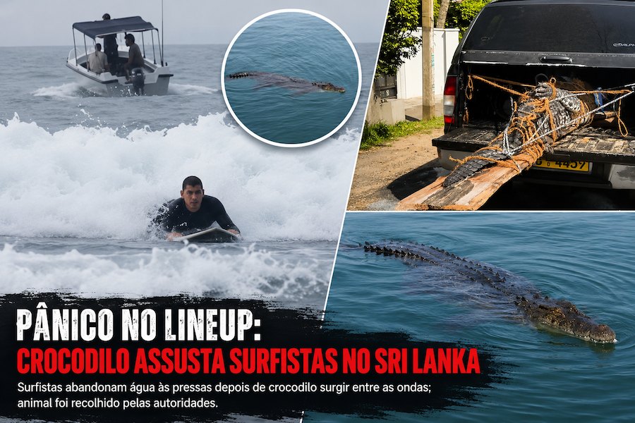 Crocodilo lança o pânico entre surfistas no lineup no Sri Lanka