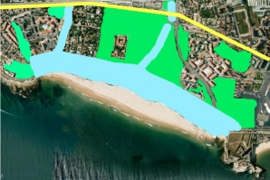 A azul: Áreas mais sensíveis e de maior risco, onde se deve excluir qualquer nova construção, que não devem ser impermeabilizadas e onde se deve começar desde já a planear o futuro recuo da praia para que ela sobreviva ao alterações climáticas. A verde: Áreas verdes remanescentes na envolvente da Praia de Carcavelos, a preservar sempre que possível afim de manter a qualidade do ar, da água, da paisagem vista da praia, e de servir de reserva de sedimentos para a praia. A amarelo: Perímetro da área onde deve ser preservada a aerodinâmica da bacia de Carcavelos, passível de construção de edifícios, excluindo a área a azul e dentro do respeito da área a verde, numa altura máxima de até 2+1 pisos. Os espaços não edificados - estacionamentos, arruamentos e espaços verdes - devem manter-se de livre acesso aos utentes da praia, sejam eles portugueses ou turistas.